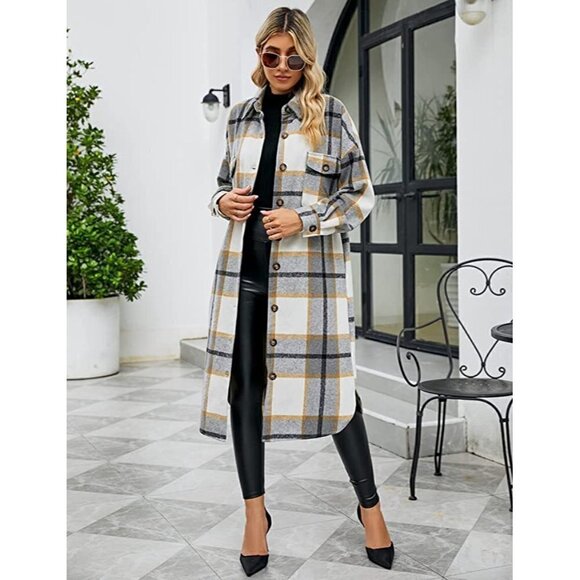 CASUAL Grey Plaid Button Down Long Puff Sleeve Trench Coat Jacket Shacket Wool - Picture 4 of 9